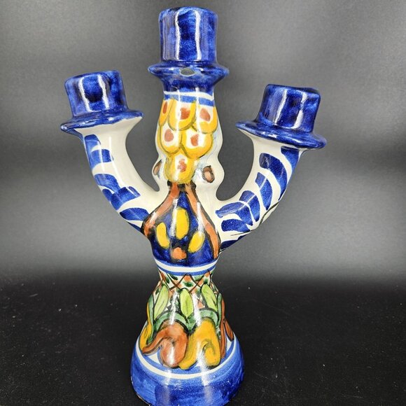 Vintage T. Ruth Talavera Pottery Candelabra 3 Arm Hand Painted Mexican Folk Art - Picture 7 of 13